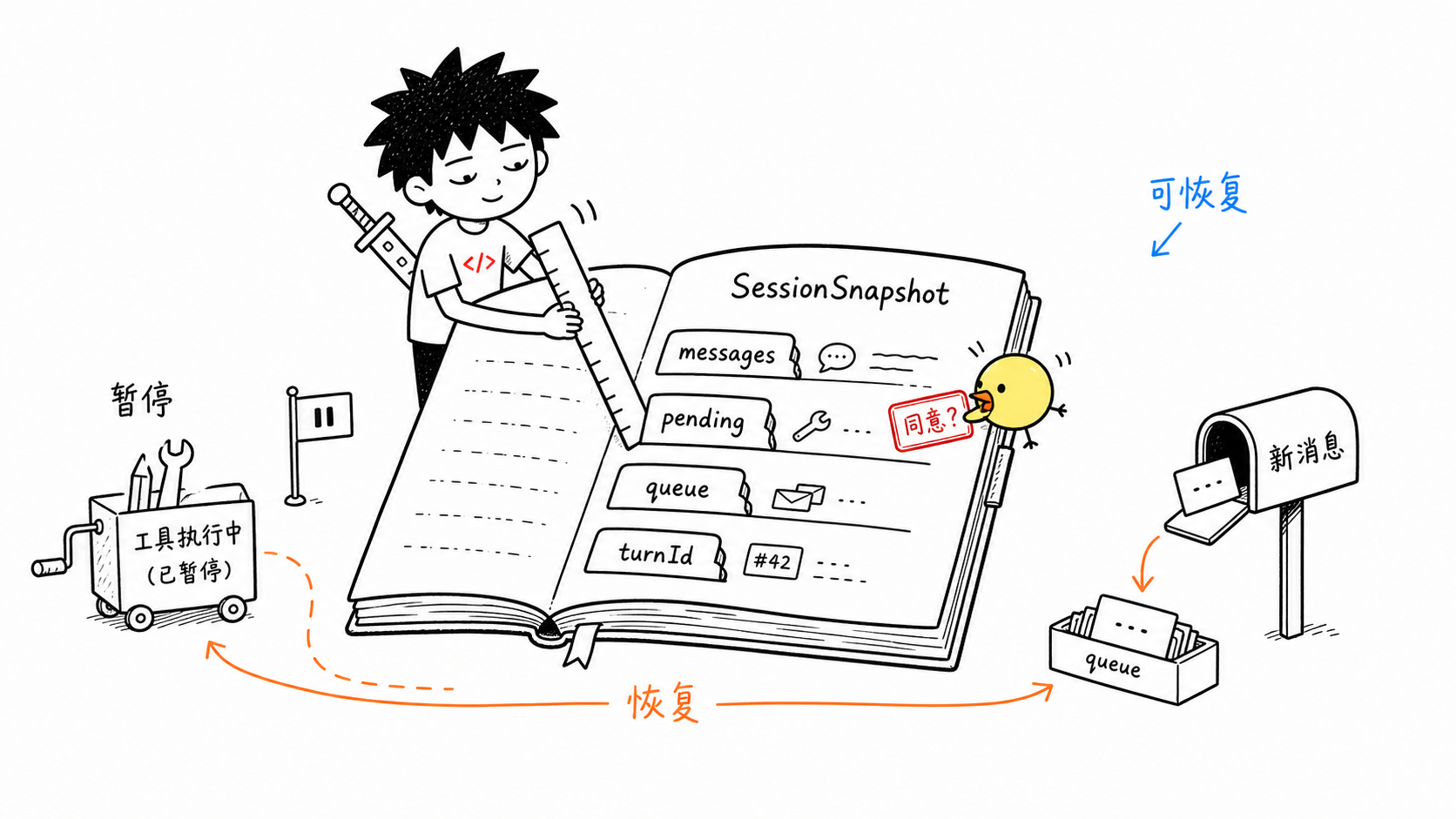 SessionSnapshot 像一本会话账本,记录 pending、queue 和 messages